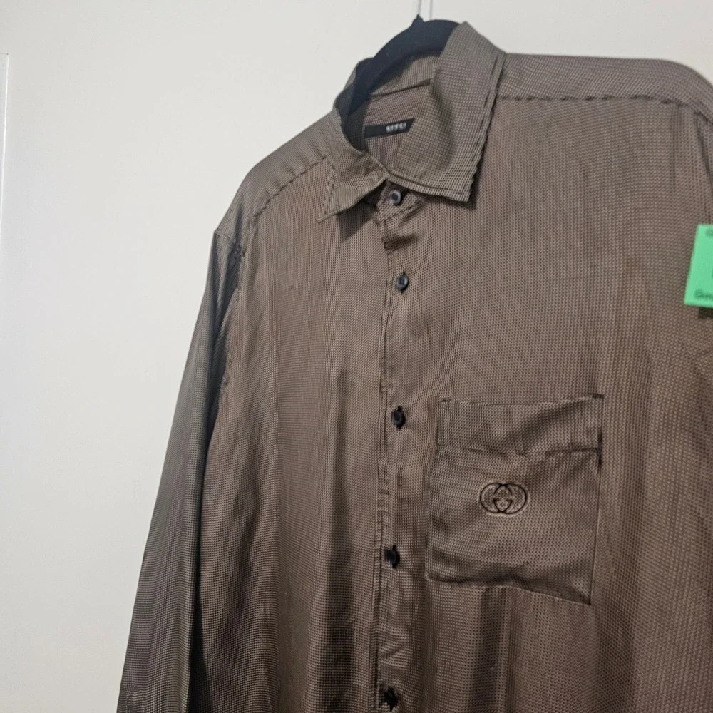 Gucci Mens Silk‎ Button Down Shirt 43/17 Brown Micro Dot GG Logo Pocket Italy